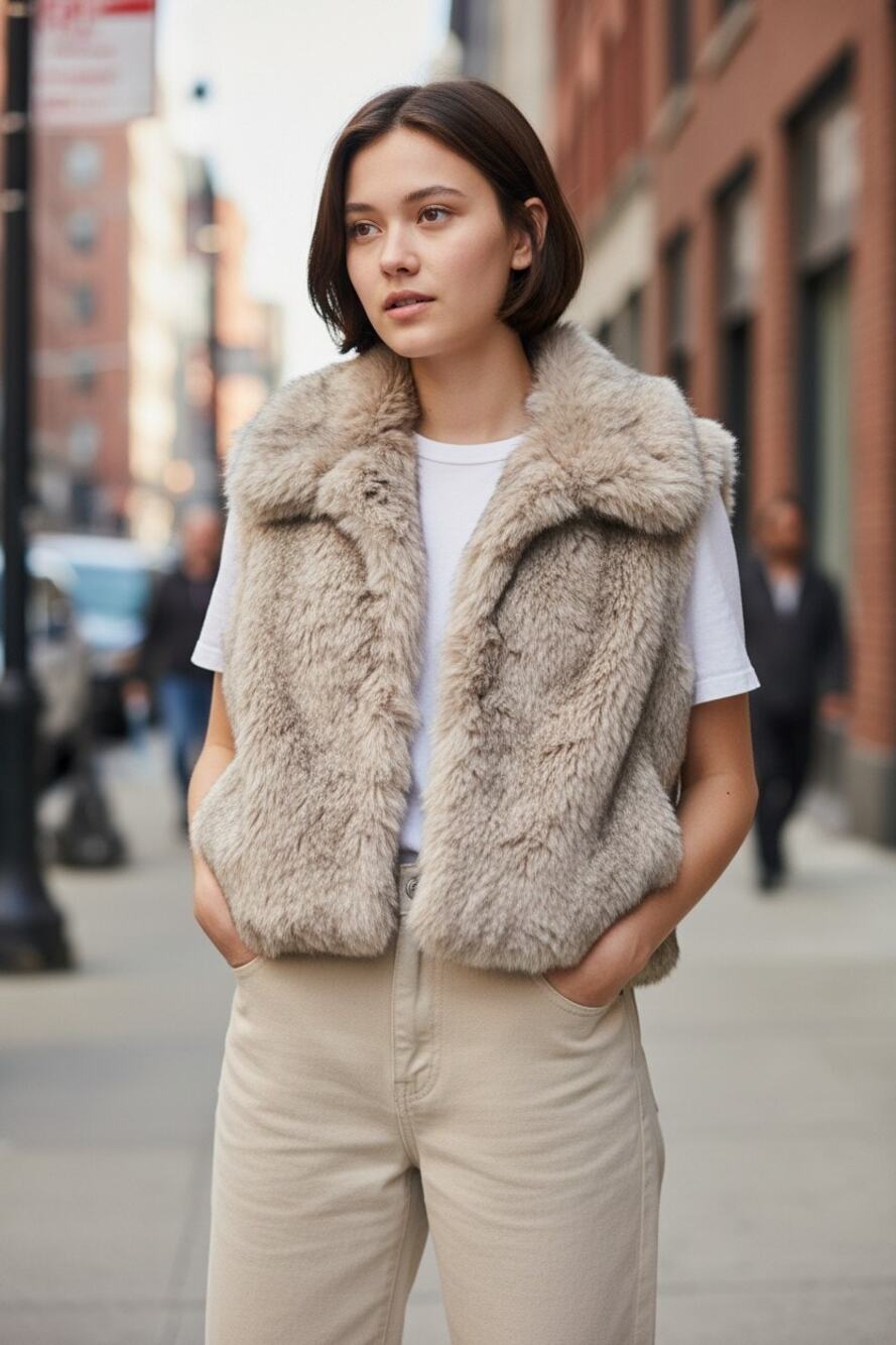 A New Day Faux Fur Open Front Vest Size Small Tan Beige Brown